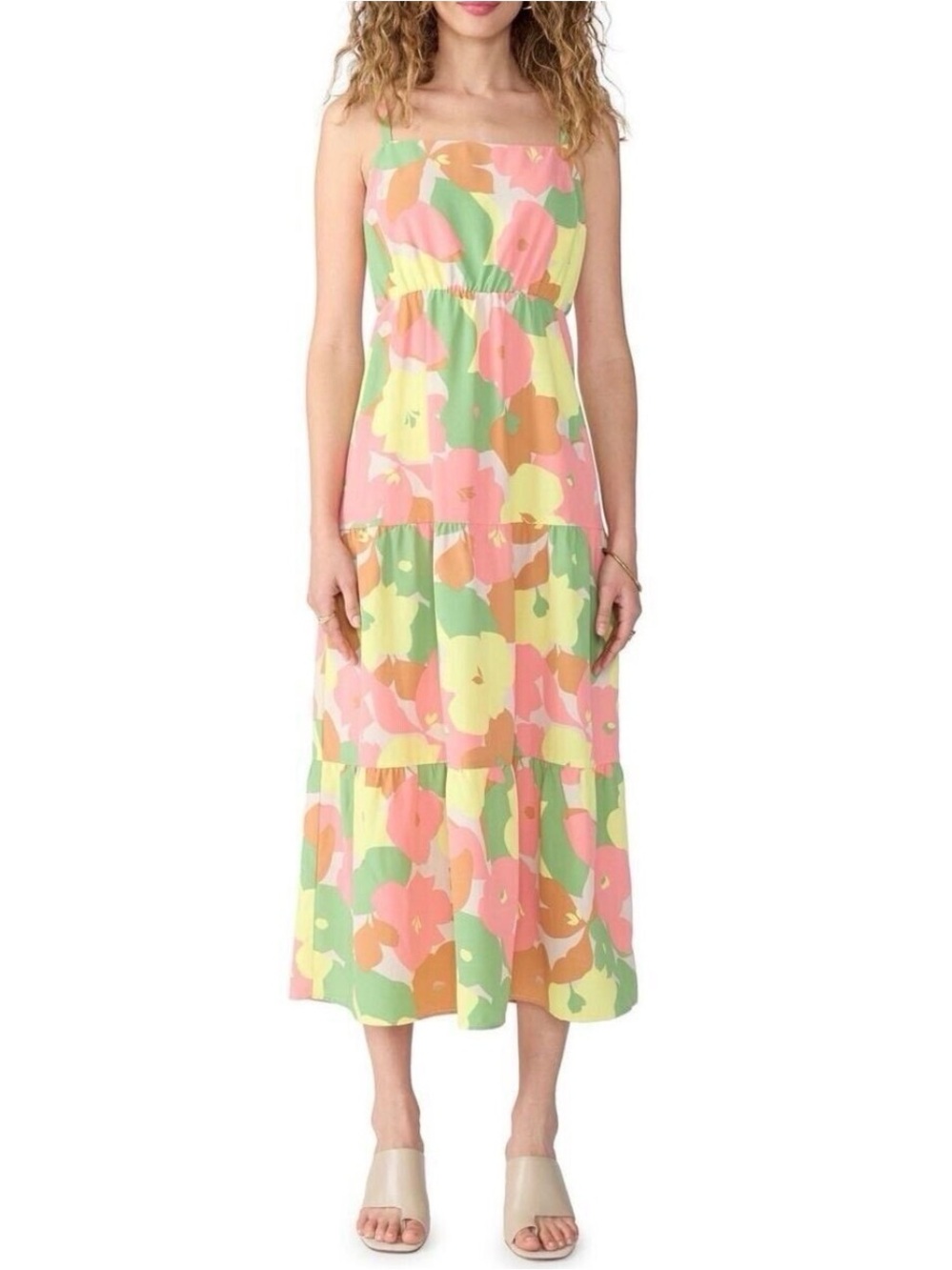 Floral Tiered Maxi Smocked Back Dress Spaghetti Straps in Pink, Yellow & Green